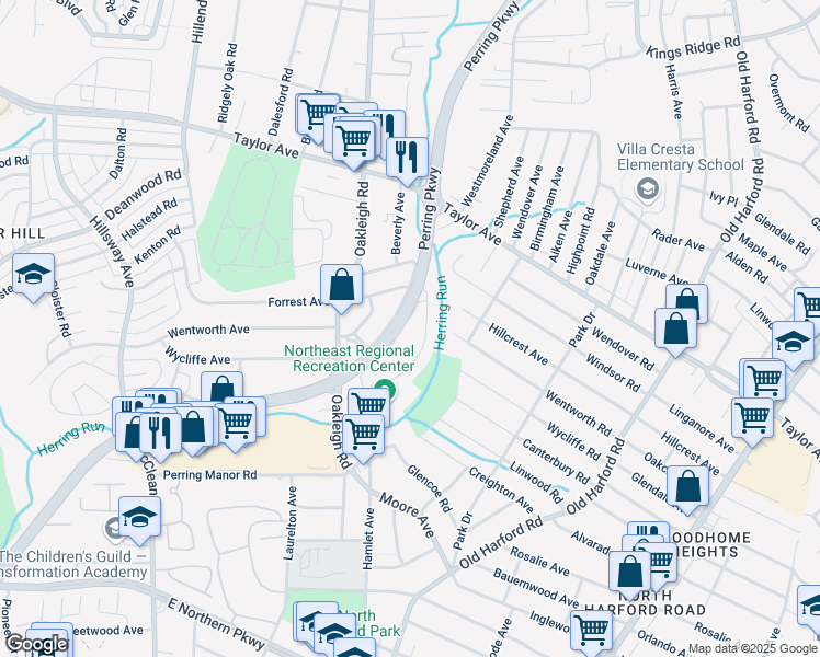 map of restaurants, bars, coffee shops, grocery stores, and more near 7629 Perring Terrace in Parkville