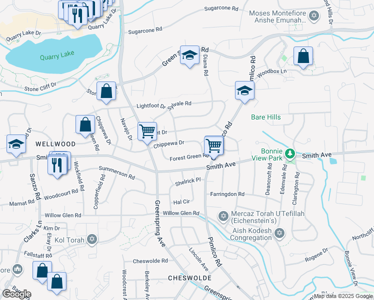 map of restaurants, bars, coffee shops, grocery stores, and more near 2422 Forest Green Road in Baltimore