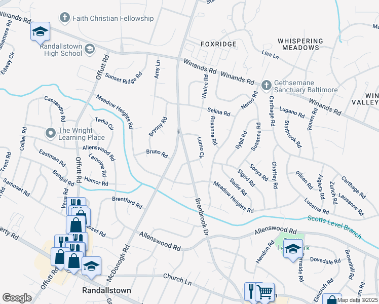map of restaurants, bars, coffee shops, grocery stores, and more near 3919 Brenbrook Drive in Randallstown