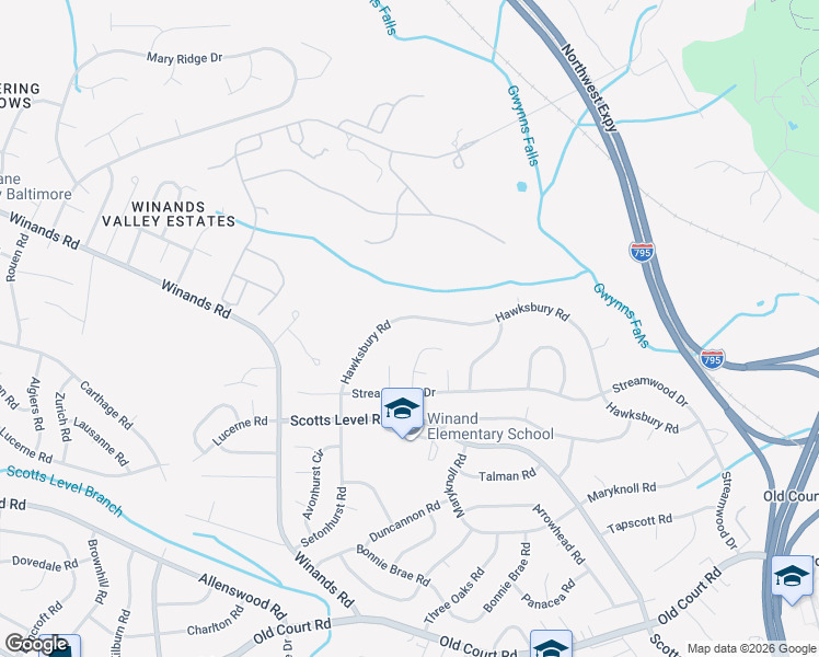 map of restaurants, bars, coffee shops, grocery stores, and more near 4735 Hawksbury Rd in Pikesville