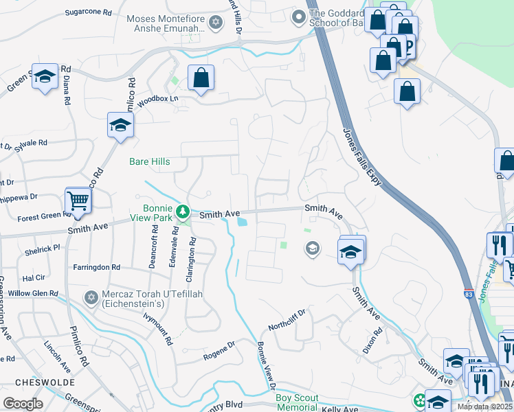 map of restaurants, bars, coffee shops, grocery stores, and more near 1 1st Tee Court in Baltimore