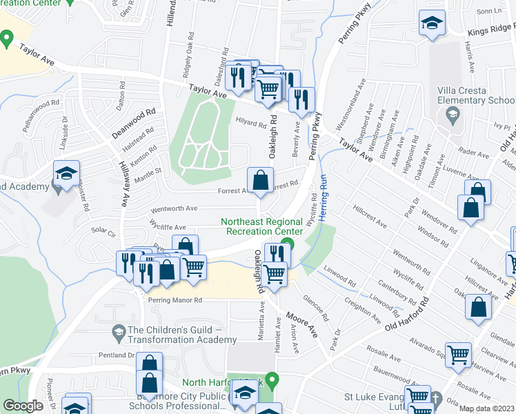map of restaurants, bars, coffee shops, grocery stores, and more near Oakleigh Rd & Wentworth Ave in Parkville