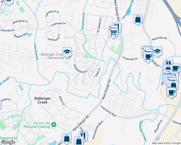 map of restaurants, bars, coffee shops, grocery stores, and more near 5305 Regal Court in Frederick