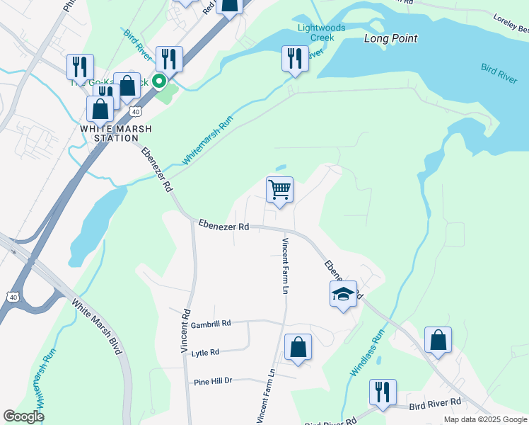 map of restaurants, bars, coffee shops, grocery stores, and more near 5822 Ebenezer Road in White Marsh