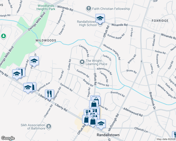 map of restaurants, bars, coffee shops, grocery stores, and more near 9107 Allenswood Road in Randallstown