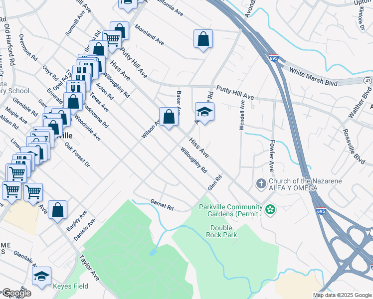 map of restaurants, bars, coffee shops, grocery stores, and more near 3308 Willoughby Road in Parkville