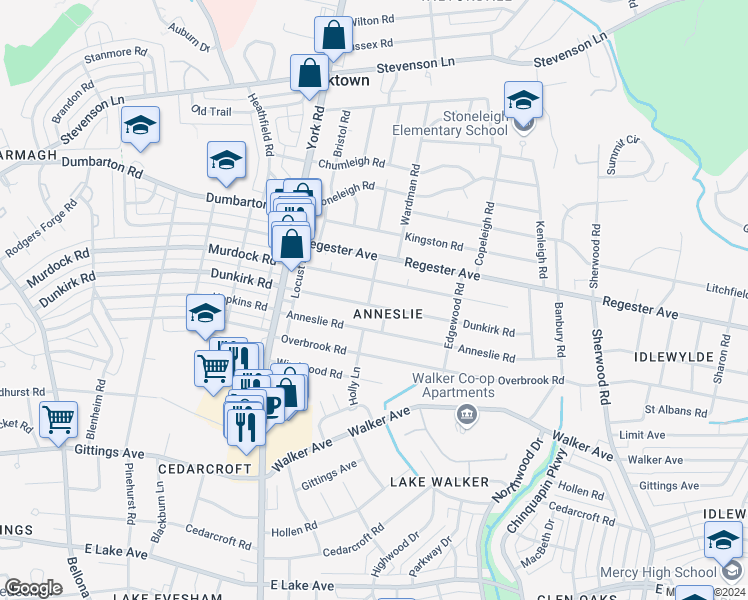 map of restaurants, bars, coffee shops, grocery stores, and more near 600 Dunkirk Road in Baltimore