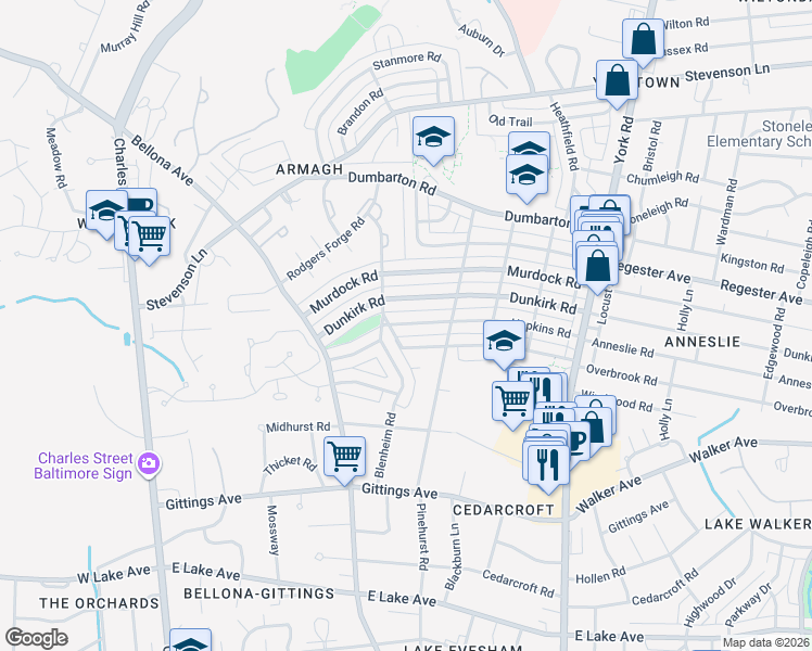 map of restaurants, bars, coffee shops, grocery stores, and more near 127 Hopkins Road in Baltimore