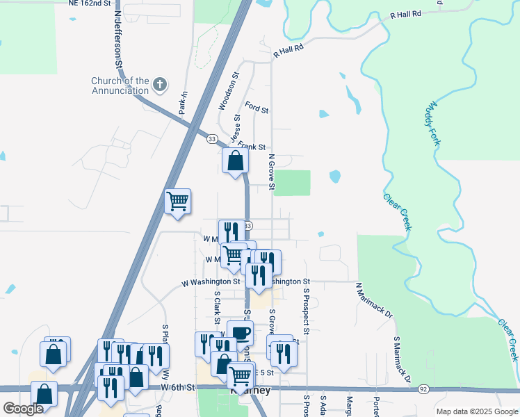 map of restaurants, bars, coffee shops, grocery stores, and more near 102 E Lawrence Street in Kearney