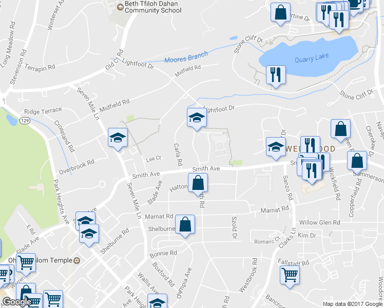 map of restaurants, bars, coffee shops, grocery stores, and more near 7608 Labyrinth Road in Pikesville
