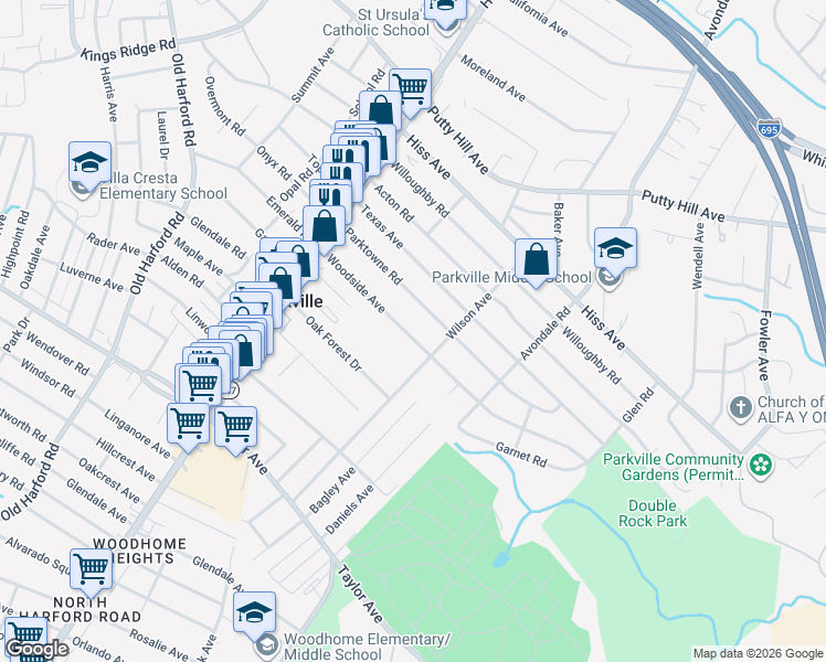map of restaurants, bars, coffee shops, grocery stores, and more near 3046 Woodside Avenue in Parkville