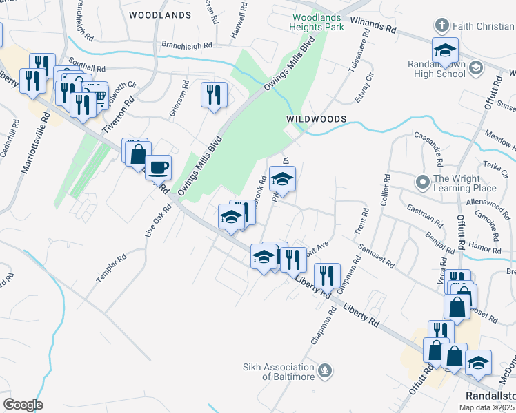 map of restaurants, bars, coffee shops, grocery stores, and more near 3815 Janbrook Road in Randallstown