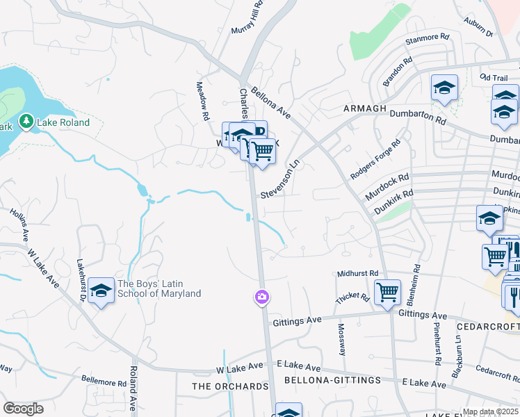 map of restaurants, bars, coffee shops, grocery stores, and more near 6129 North Charles Street in Baltimore