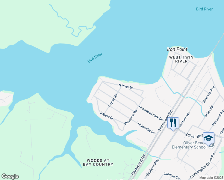 map of restaurants, bars, coffee shops, grocery stores, and more near 6719 Harewood Park Drive in Middle River
