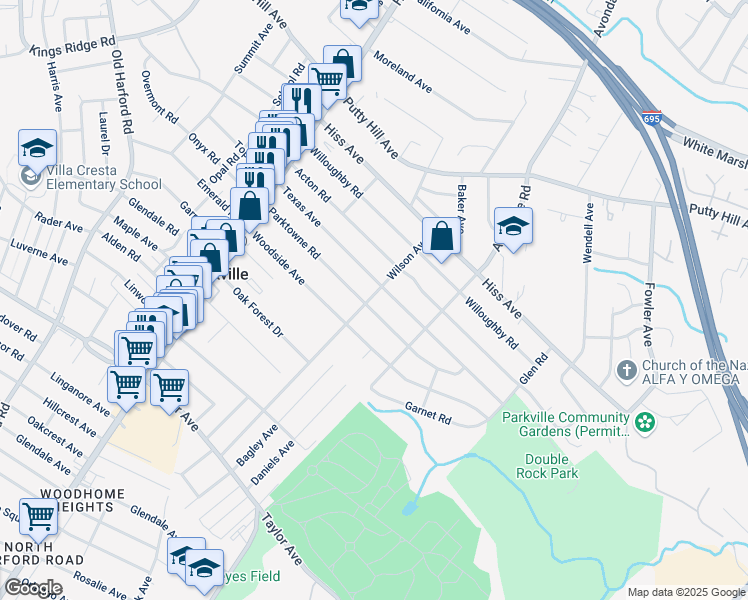 map of restaurants, bars, coffee shops, grocery stores, and more near 8313 Wilson Avenue in Parkville