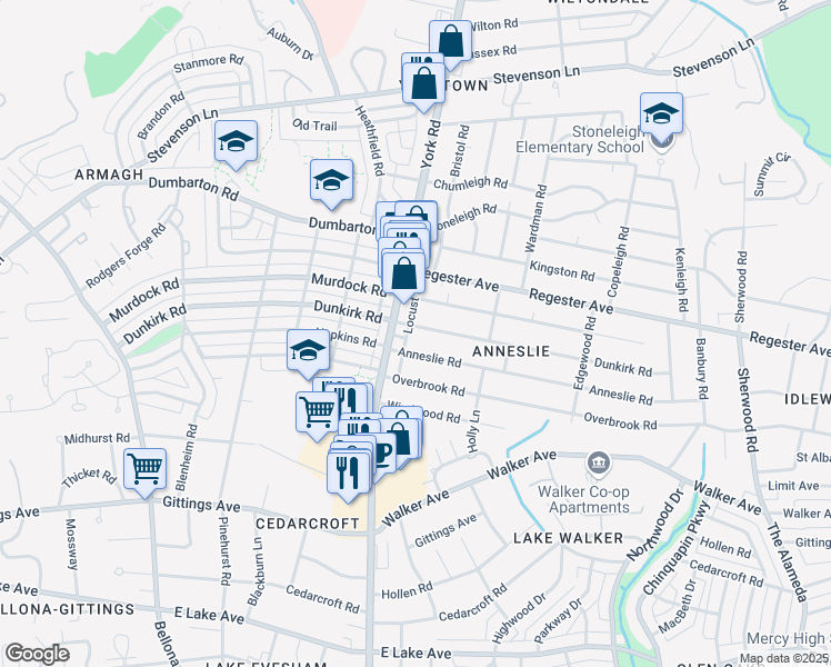 map of restaurants, bars, coffee shops, grocery stores, and more near 503 Dunkirk Road in Baltimore