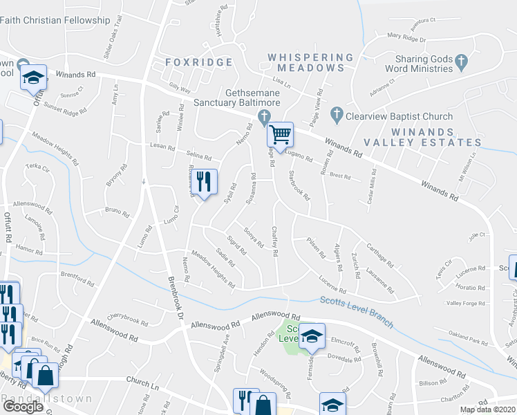 map of restaurants, bars, coffee shops, grocery stores, and more near 5 Susanna Court in Randallstown