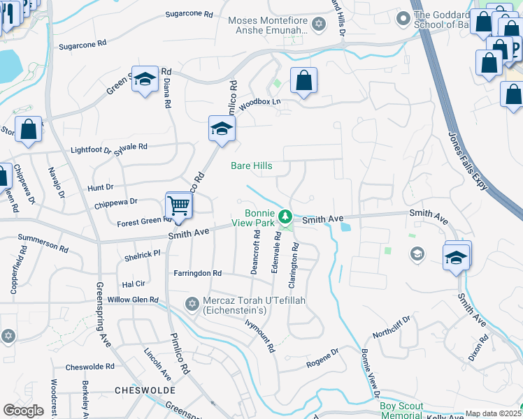 map of restaurants, bars, coffee shops, grocery stores, and more near 6705 Woodbury Road in Baltimore