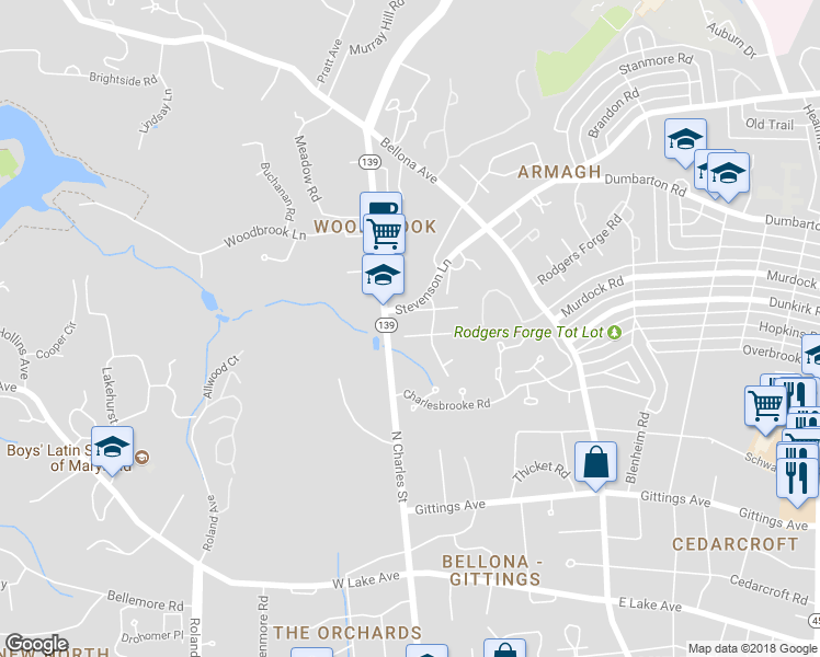 map of restaurants, bars, coffee shops, grocery stores, and more near 4 Saint Michaels Way in Baltimore