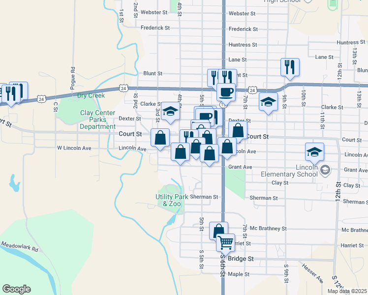 map of restaurants, bars, coffee shops, grocery stores, and more near 407 Lincoln Avenue in Clay Center