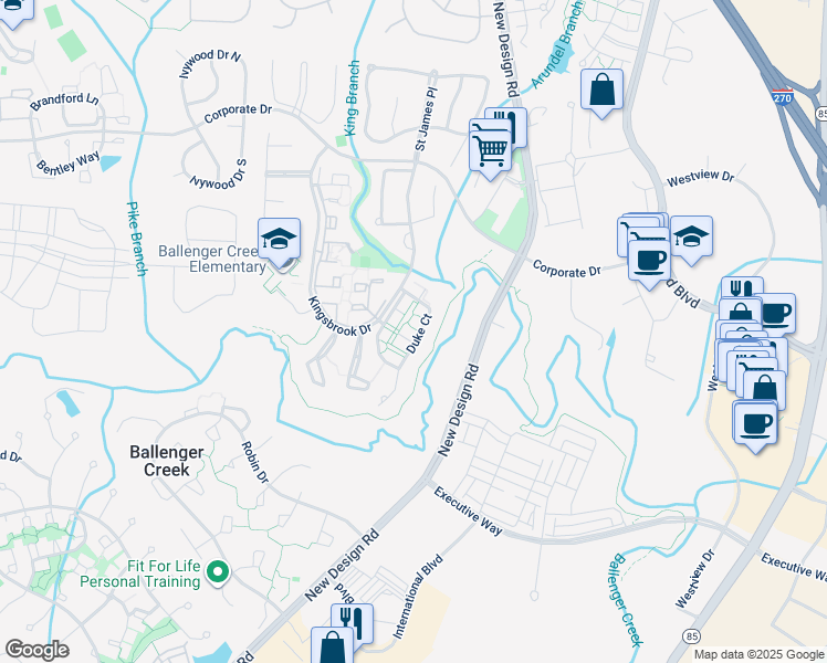 map of restaurants, bars, coffee shops, grocery stores, and more near 5700 Duke Ct in Frederick