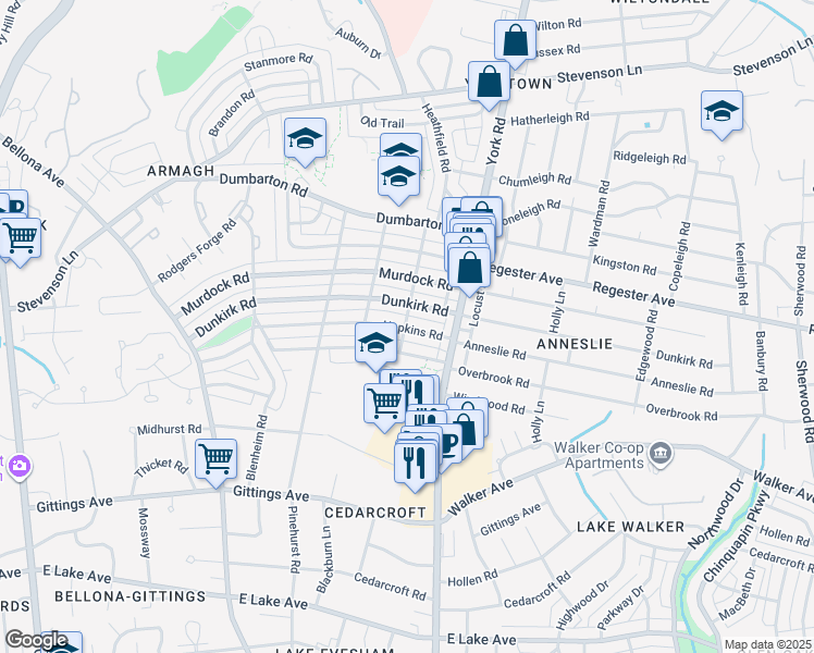 map of restaurants, bars, coffee shops, grocery stores, and more near 402 Hopkins Road in Baltimore