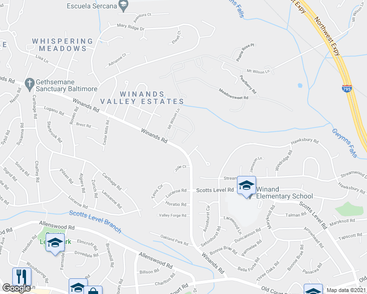 map of restaurants, bars, coffee shops, grocery stores, and more near 8501 Mountainholly Drive in Pikesville