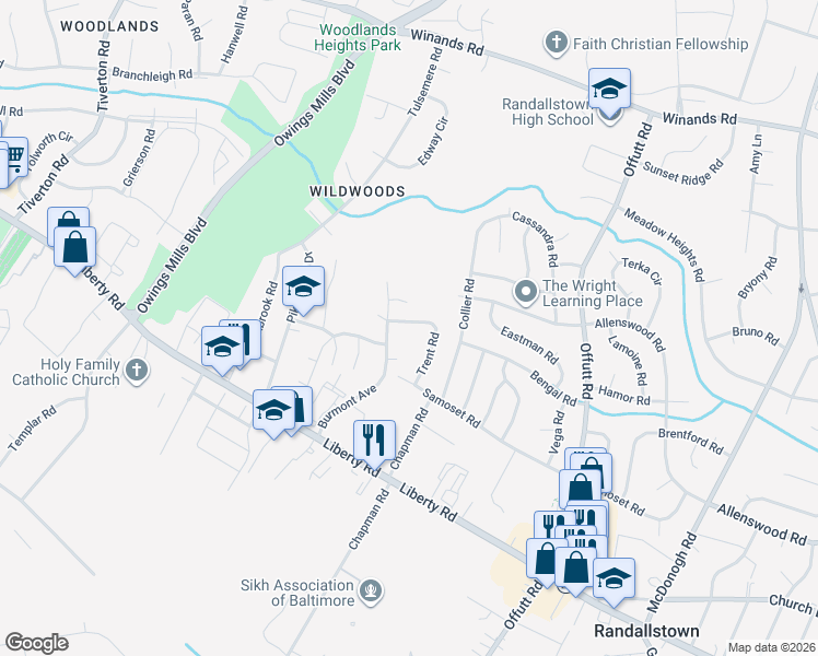 map of restaurants, bars, coffee shops, grocery stores, and more near 3746 Trent Road in Randallstown