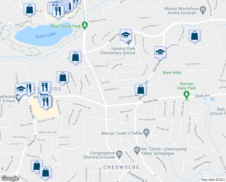 map of restaurants, bars, coffee shops, grocery stores, and more near 6640 Chippewa Drive in Baltimore