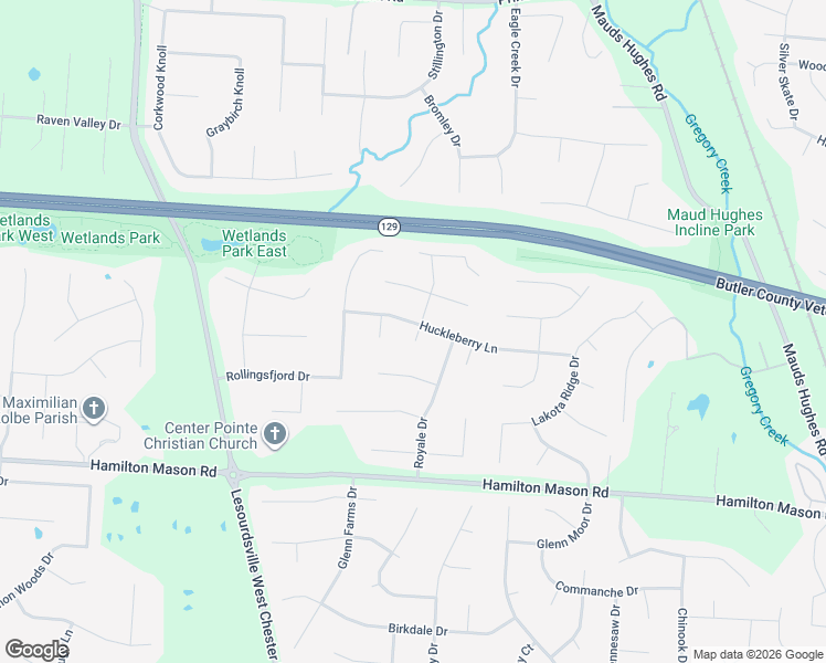 map of restaurants, bars, coffee shops, grocery stores, and more near 6087 Huckleberry Lane in Butler County