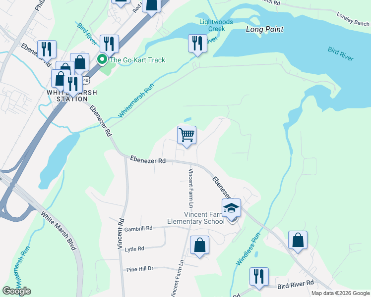 map of restaurants, bars, coffee shops, grocery stores, and more near 5900 Ebenezer Road in White Marsh