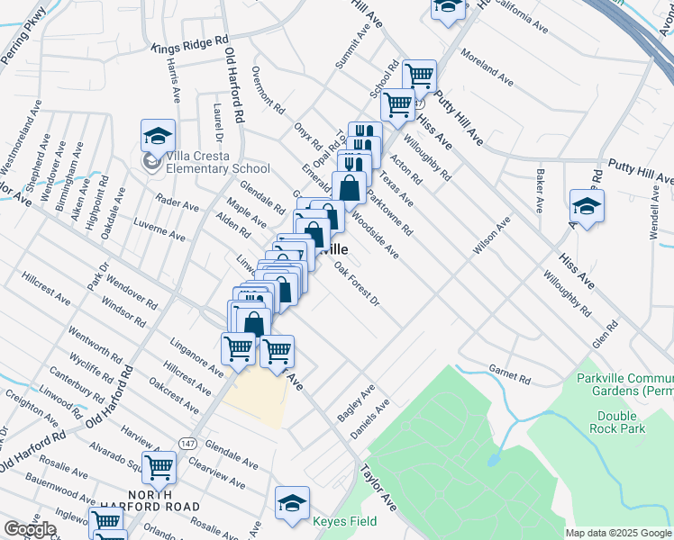 map of restaurants, bars, coffee shops, grocery stores, and more near 3015 Oak Forest Drive in Parkville