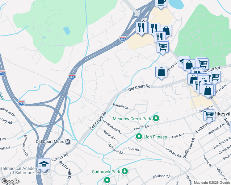 map of restaurants, bars, coffee shops, grocery stores, and more near 7 Peachtree Court in Pikesville