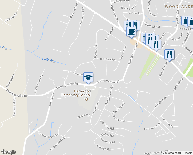 map of restaurants, bars, coffee shops, grocery stores, and more near 3610 Marriottsville Road in Randallstown