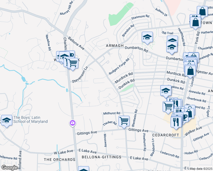 map of restaurants, bars, coffee shops, grocery stores, and more near 102 Villabrook Way in Baltimore