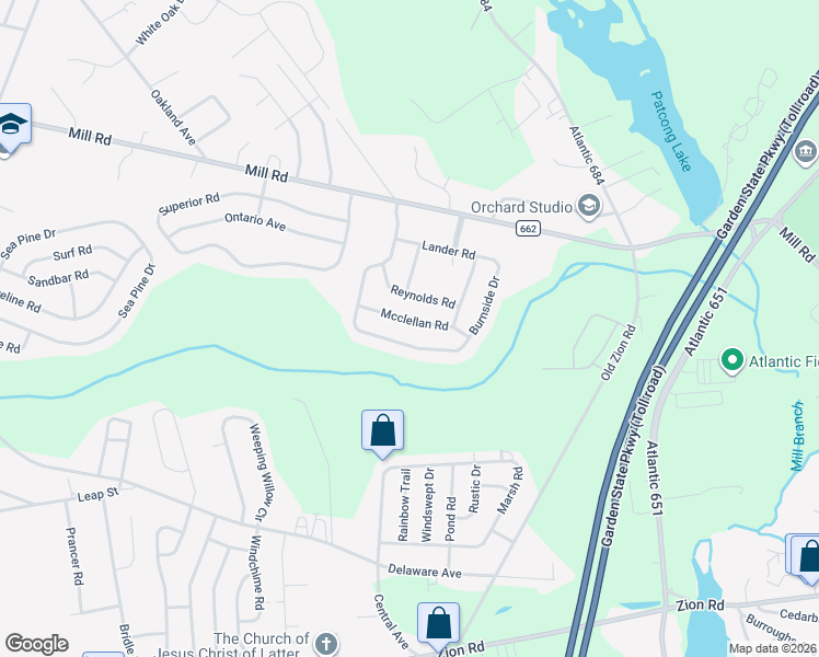 map of restaurants, bars, coffee shops, grocery stores, and more near 45 Burnside Drive in Egg Harbor Township