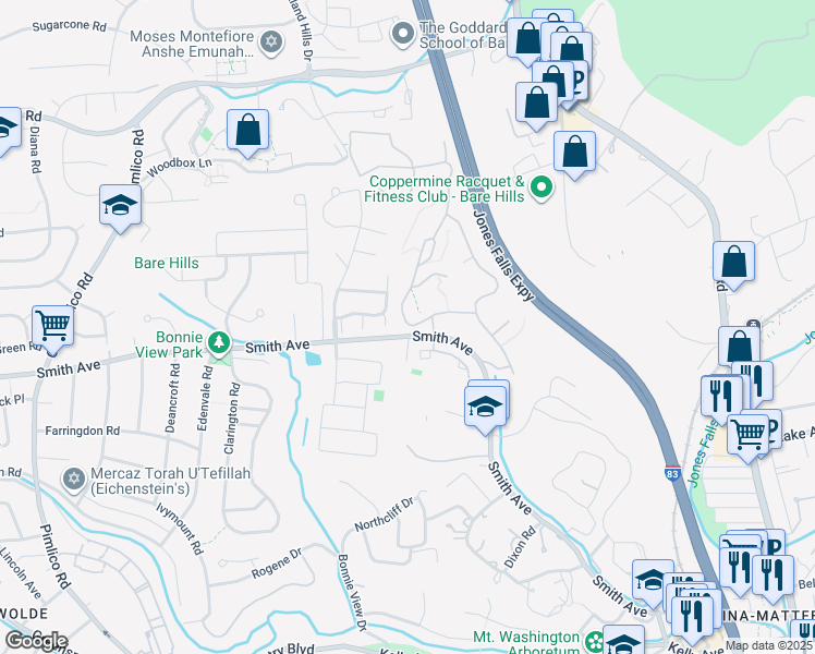map of restaurants, bars, coffee shops, grocery stores, and more near 6620 Bonnie Ridge Drive in Baltimore