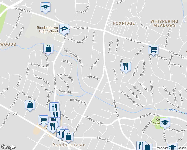 map of restaurants, bars, coffee shops, grocery stores, and more near 9012 Bruno Rd in Randallstown