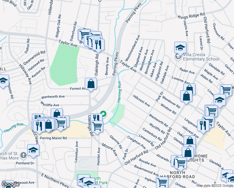 map of restaurants, bars, coffee shops, grocery stores, and more near 1847 Wycliffe Road in Parkville