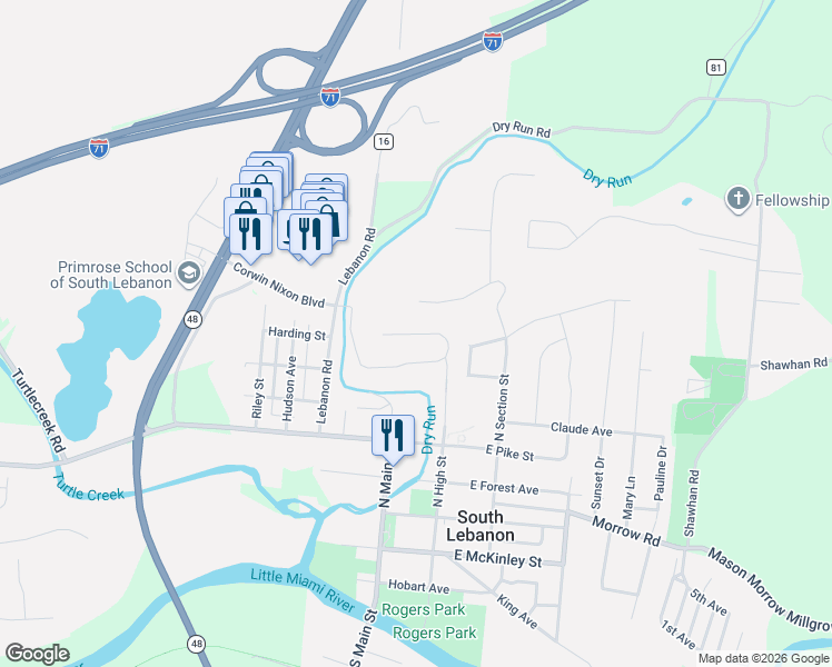 map of restaurants, bars, coffee shops, grocery stores, and more near 220 Sycamore Lane in South Lebanon