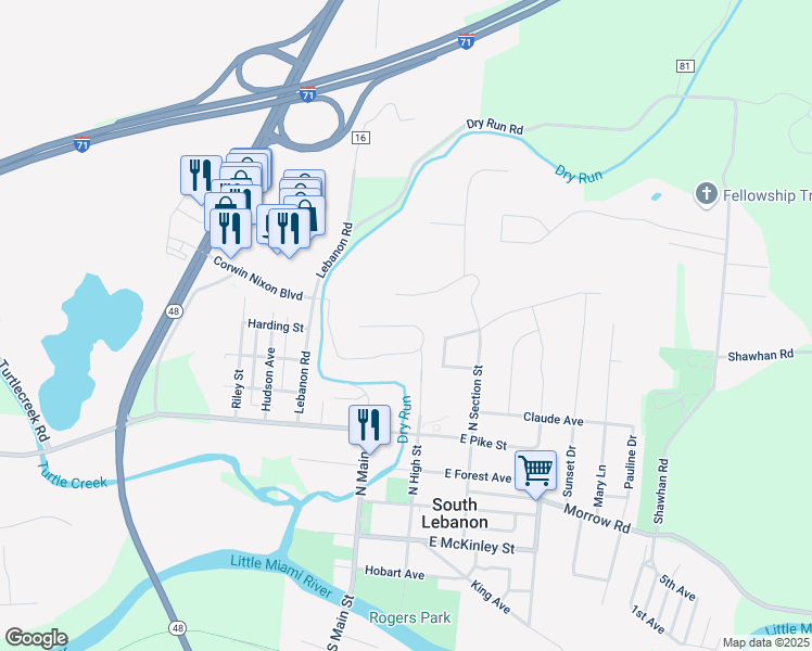 map of restaurants, bars, coffee shops, grocery stores, and more near 220 Sycamore Lane in South Lebanon