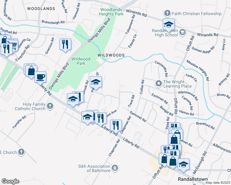 map of restaurants, bars, coffee shops, grocery stores, and more near 3 Dajobe Court in Randallstown