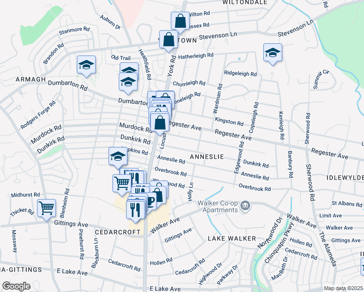 map of restaurants, bars, coffee shops, grocery stores, and more near 518 Dunkirk Road in Baltimore