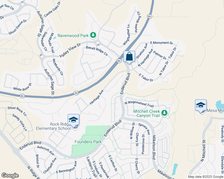 map of restaurants, bars, coffee shops, grocery stores, and more near 858 Sundown Drive in Castle Rock