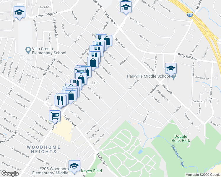 map of restaurants, bars, coffee shops, grocery stores, and more near 3033 Woodside Avenue in Parkville