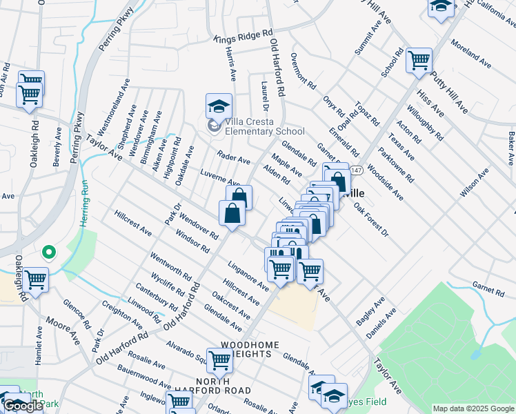 map of restaurants, bars, coffee shops, grocery stores, and more near 2702 Wildberger Avenue in Parkville