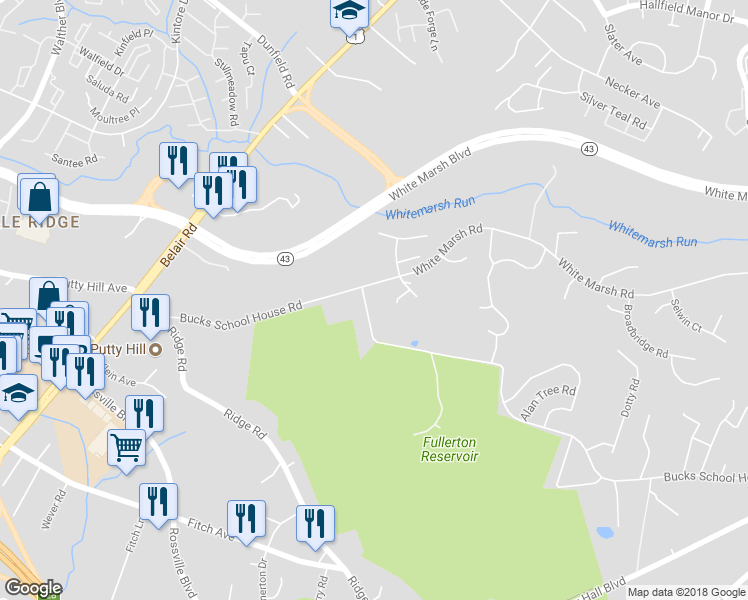 map of restaurants, bars, coffee shops, grocery stores, and more near 4502 Bucks School House Road in Rosedale