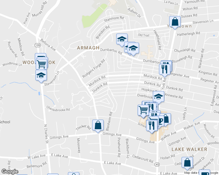 map of restaurants, bars, coffee shops, grocery stores, and more near 104 Hopkins Road in Baltimore