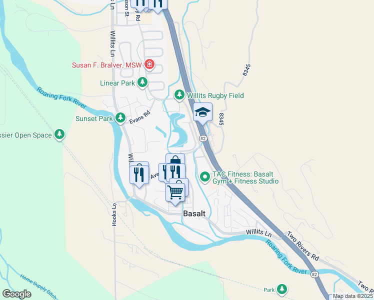 map of restaurants, bars, coffee shops, grocery stores, and more near Lake Avenue in Basalt