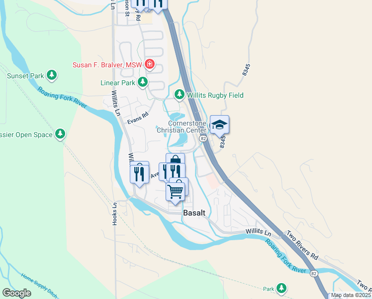 map of restaurants, bars, coffee shops, grocery stores, and more near Lake Avenue in Basalt